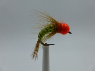 Size 16 Tungsten Fluo Orange Caddis Green Barbless